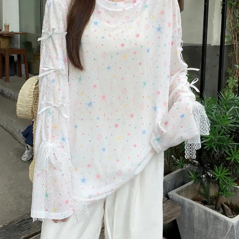 Butterfly Printing Long Sleeve T-shirt Summer New Pattern Thin Style Chic Loose Crew Neck Sunscreen Tops Women's Clothin