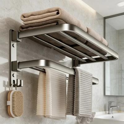 Bathroom Wall Mounted Foldable Towel Rack Gun Gray Non Perforated Storage Rack Bathroom Pendant Household Bathroom Organizer