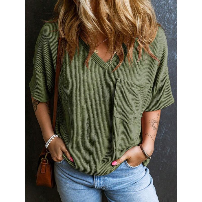 YYFS Women's Fashion Casual Solid Color Print Summer Spring Short Sleeve V-Neck Blouses & Shirts