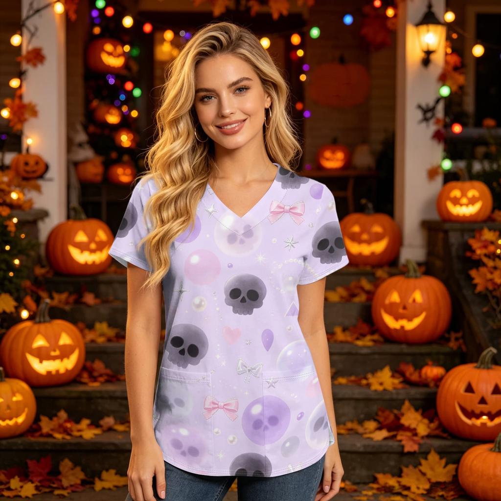 Damen V-Ausschnitt Kurzarm Kasack mit Taschen Halloween-Print für Krankenschwestern und Pflegekräfte