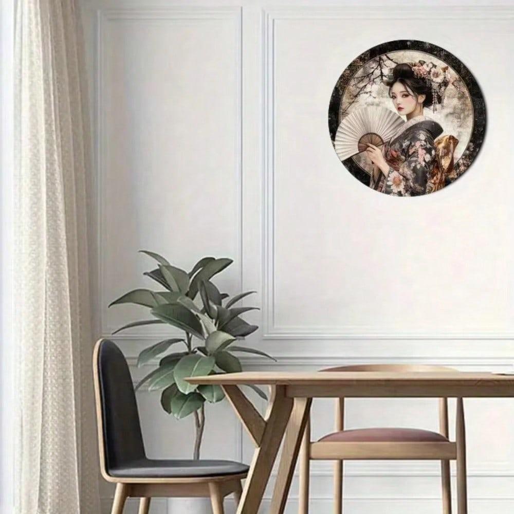 Metal Wall Decor Japanese Geisha Cherry Blossom Round Sign Vintage Home Room Art