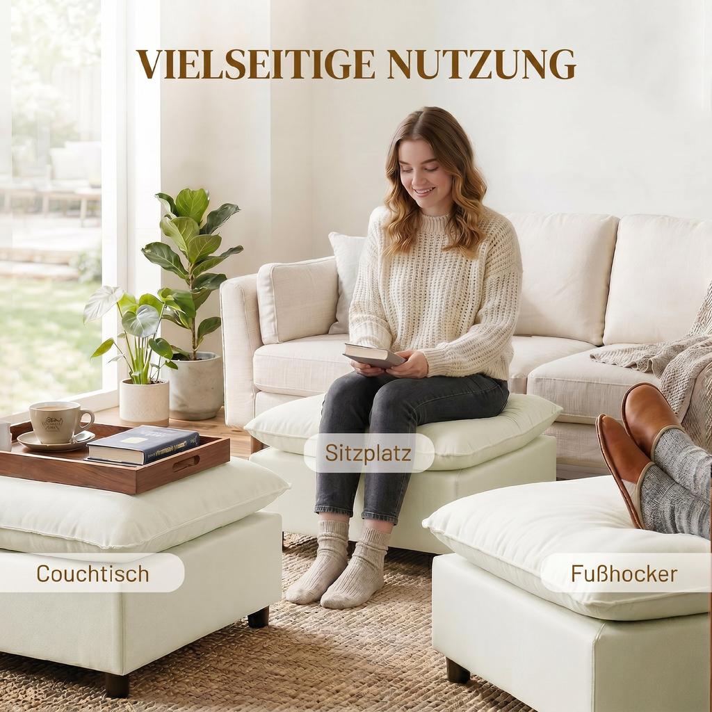 Footstool Modern Fabric Ottoman with Plastic Legs for Living Room and Bedroom, 75 cm, Cream White