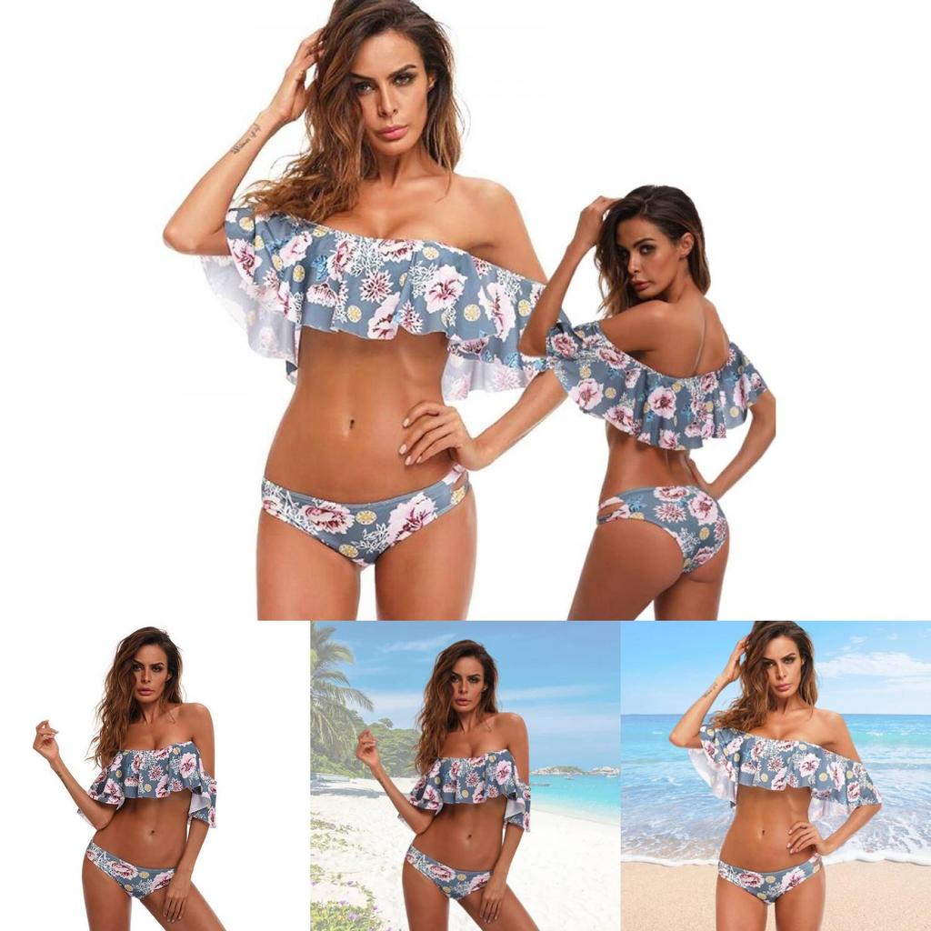 Sexy schulterfreier Bikini mit Rüschenkanten und floralen Akzenten Hochwertiges Polyester-Material