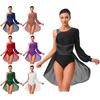 Womens One Shoulder Latin Dance Dress Single Sleeve Sparkle Rhinestone Performance Costume