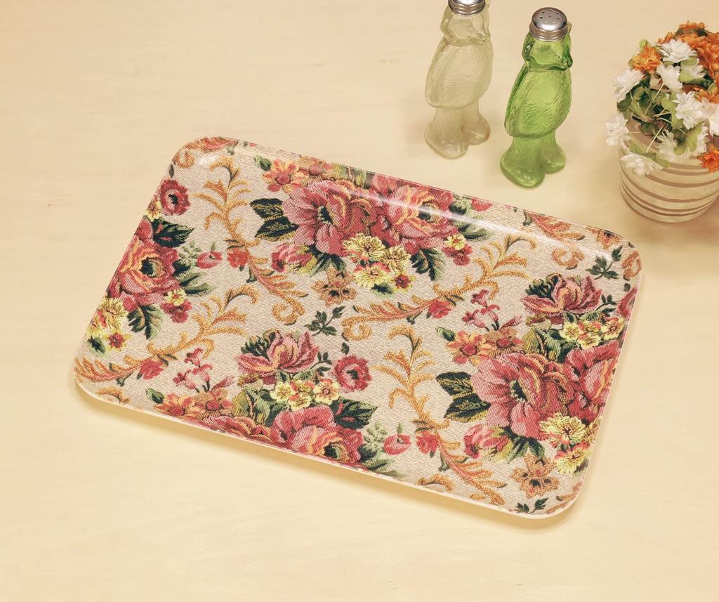 Tatsucraft NR Lunch Tray, Medium, 33cm, Web Original Model, Victorian Old Rose Design, Non-Slip, Microwave-Safe, Stylish Plastic Tray, Serving Tray,