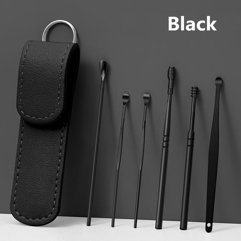 

6 шт./набор Чехол из ПУ кожи Палочки для чистки ушей Средство для удаления ушной серы Ковырялка для ушей Чистящее средство Ложка Кюретка Защита для ушей Инструмент для удаления серы чёрный