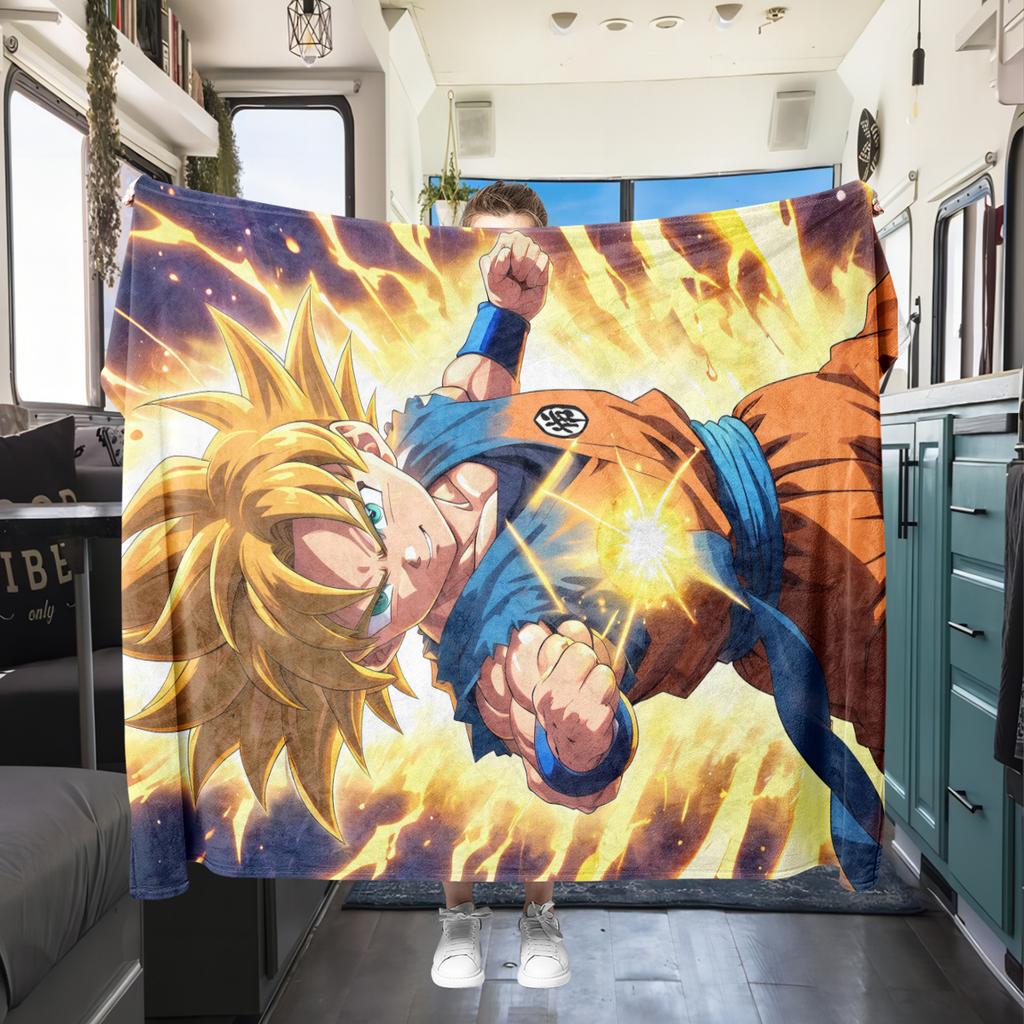 1 ks flanelová deka s potiskem Son Goku, Vysoce kvalitní pro všechna roční období, Domácí dekorace, Teplo a pohodlí, Perfektní jako vánoční dárky