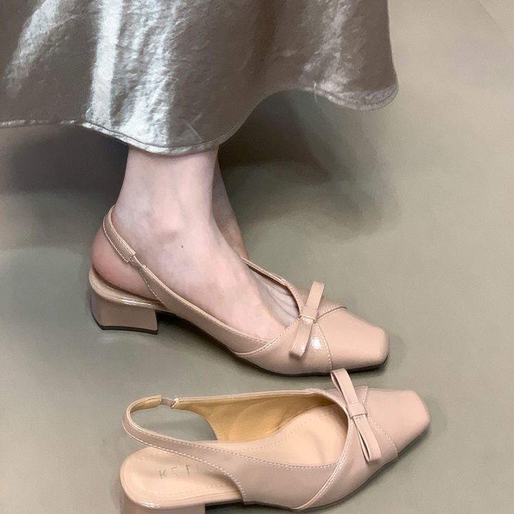 Neue französische Sandalen mit eckiger Spitze, Schleife, dickem Absatz, Taschenkopf, Damen Sommer 2025, leicht ausgeschnitten, niedriger Absatz, hinten offen, einzelne Schuhe