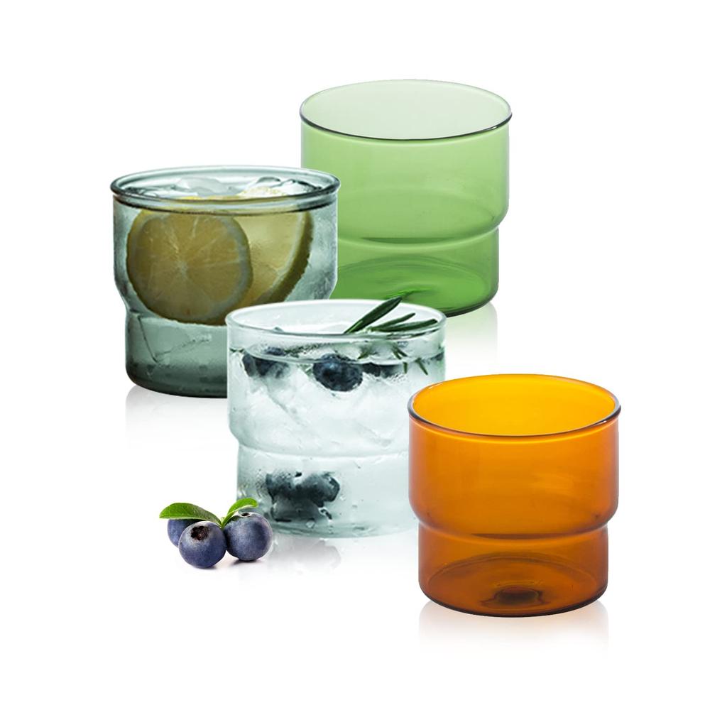 Vintage-Set mit 4 stapelbaren farbigen Glasbechern – Premium-Becher für heiße und kalte Getränke, perfekt für Wasser, Limonade, Milch und Saft