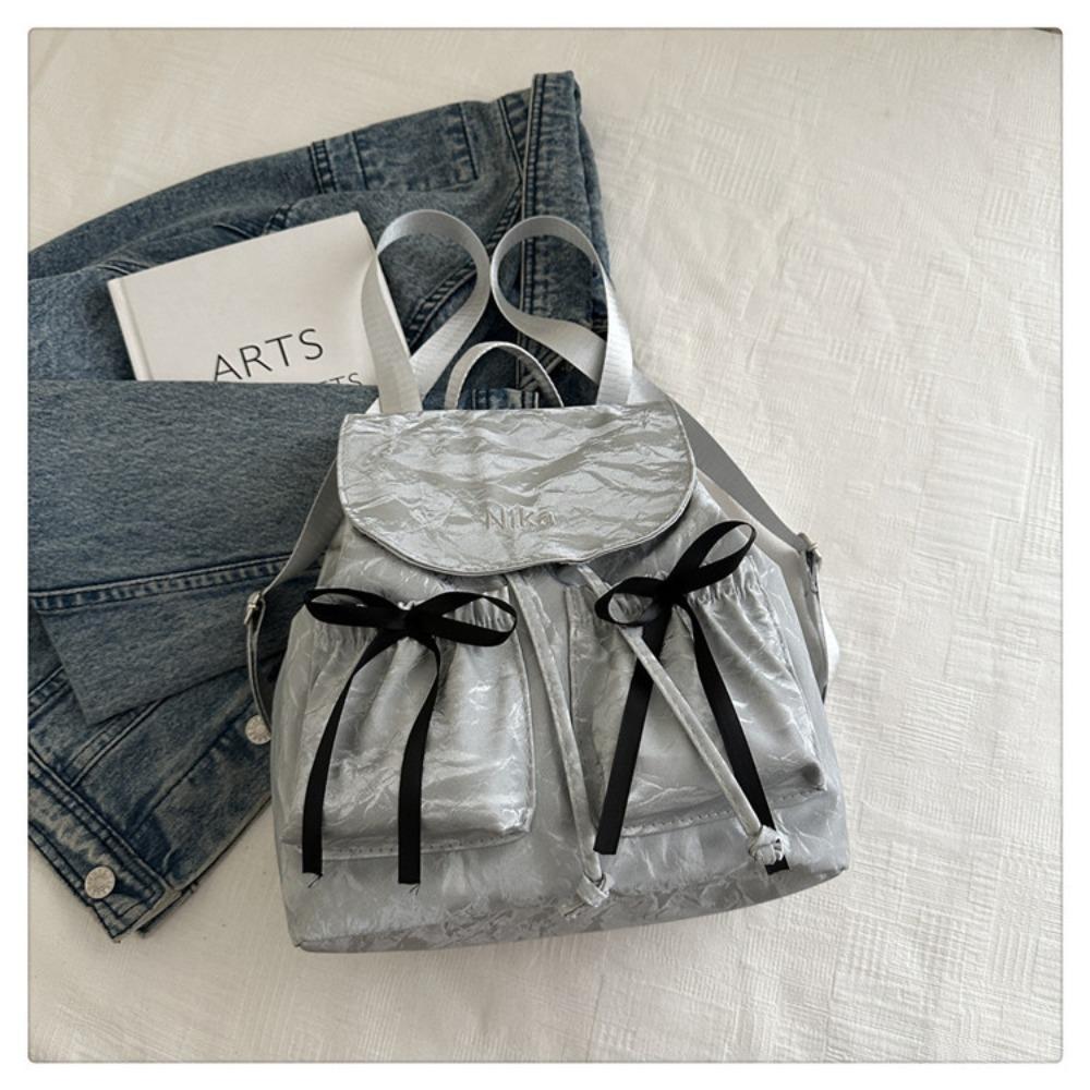 Fashion Cute Knot Women's Backpack Large Capacity Solid Color Travel Bag Drawstring Students Bookbag Travel