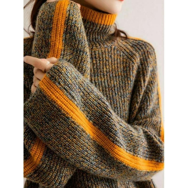 Turtleneck Sweater Women's Thickened Retro Autumn and Winter Japanese Loose Outer Wear Contrast Color Sweater