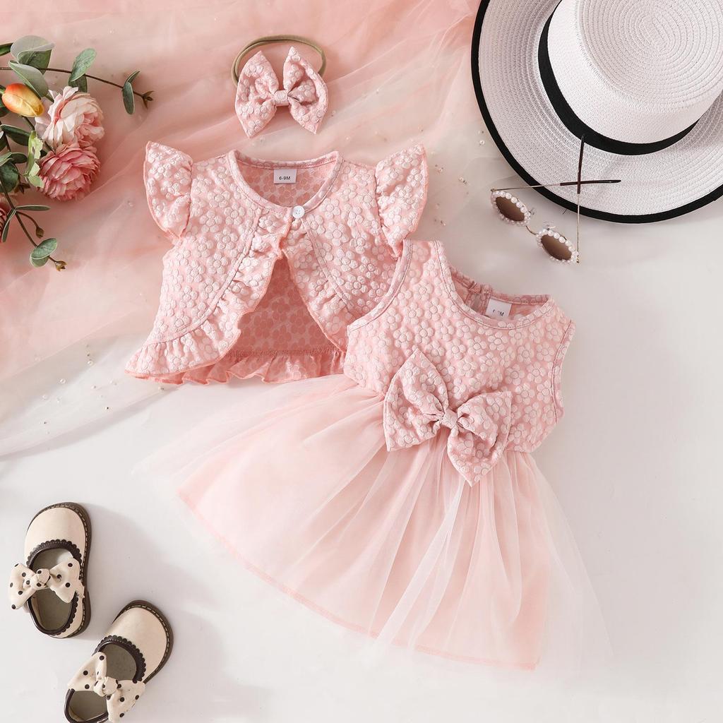 Baby Girl Summer Sleeveless Ruffled Jacket & Bow Mesh Dress with Headband Set