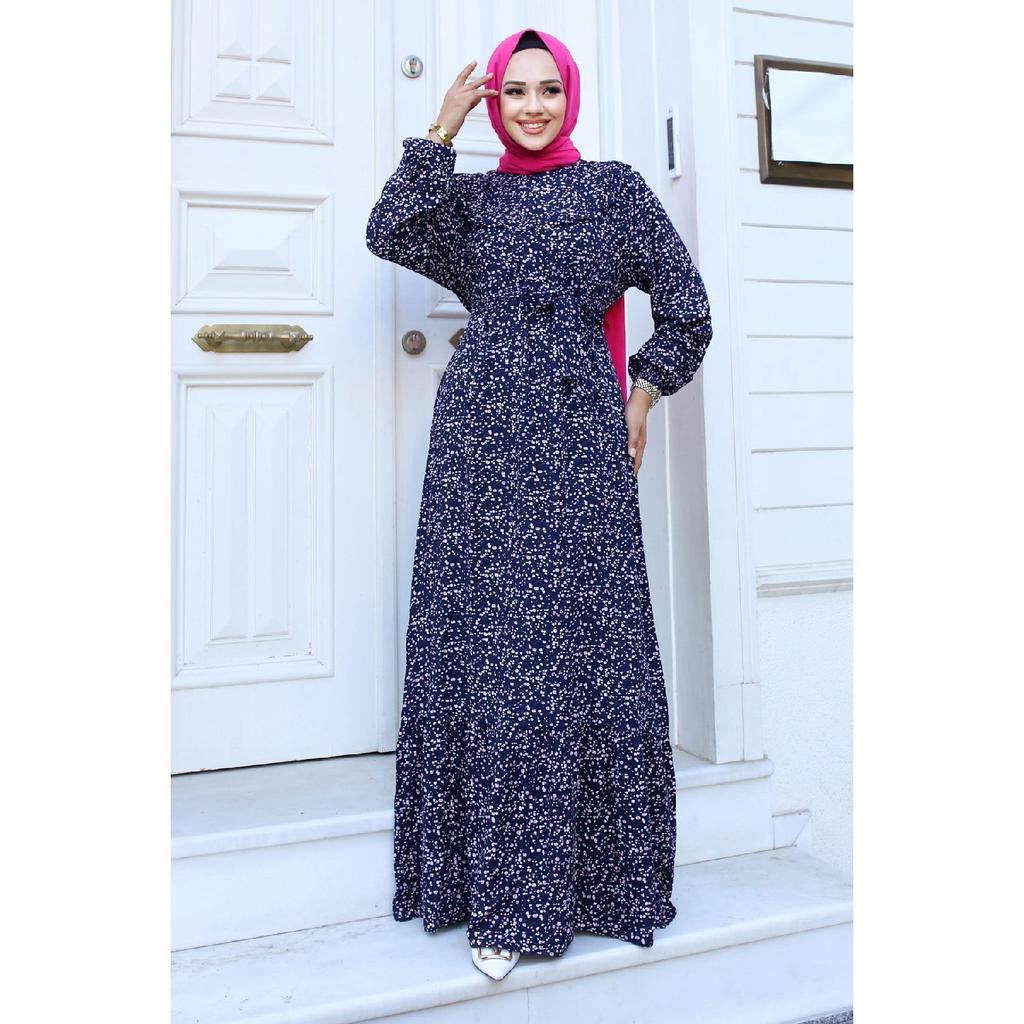 Ruffle Detailed Floral Viscose Dress Tsd240614 Black