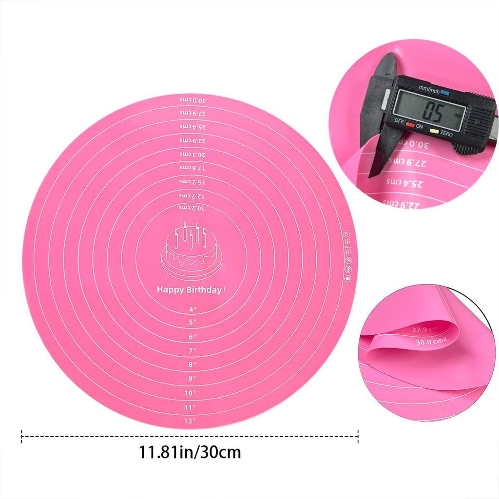 Silicone Cake Mat, 12 Inch Round Silicone Mat, Cake Mat with Measurements, Cake Turntable Mat, Reble Cookie Mat for Rolling Dough, Non-Stick Heat