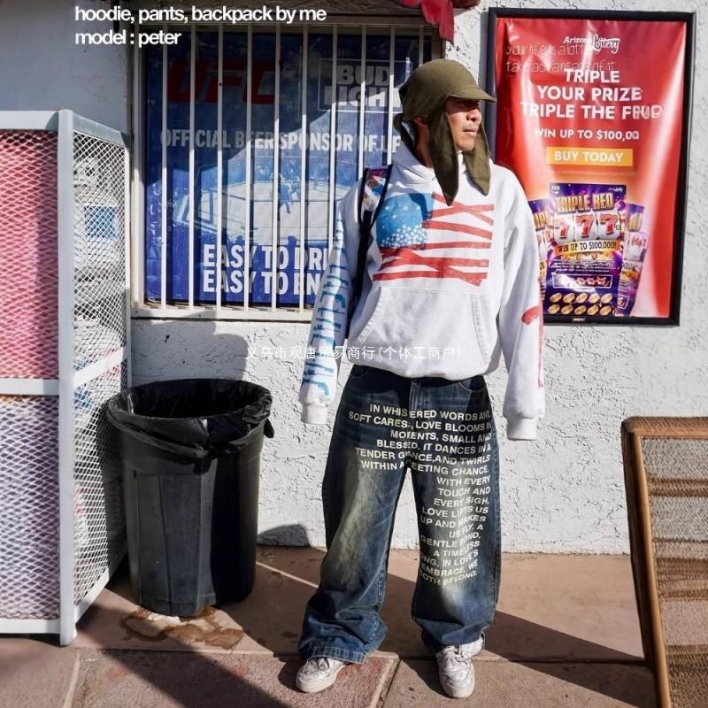 Męskie Jeansy Denimowe z Luźnym Krojem, Prane, z Nadrukiem Liter w Stylu Vintage, Wysokim Stanem, Prostą Nogawką, Streetwear