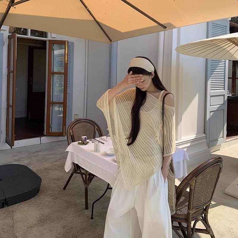 Summer Knitted Sunscreen Women Blouse Hollow Out See Through Pullover Sweater Bat Sleeve Shawl Top Loose Casual Simple Covers Up Irregular Long Shirt