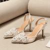 Summer Fashion White Pearl Designer Sandals Women Pumps Hollow Out Mesh Pointed Toe Mules High Heels Wedding Prom Shoes