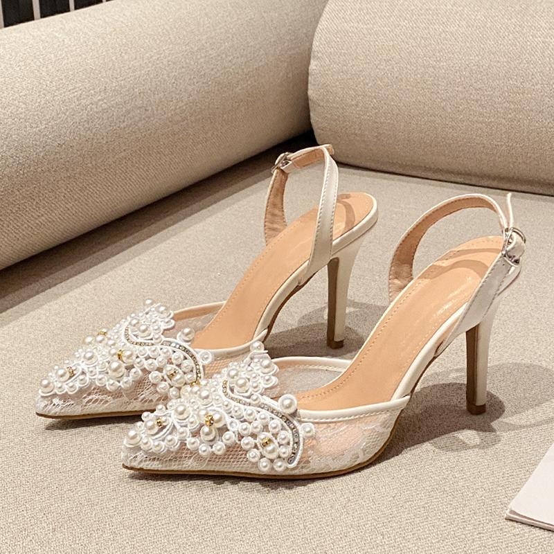 Summer Fashion White Pearl Designer Sandals Women Pumps Hollow Out Mesh Pointed Toe Mules High Heels Wedding Prom Shoes