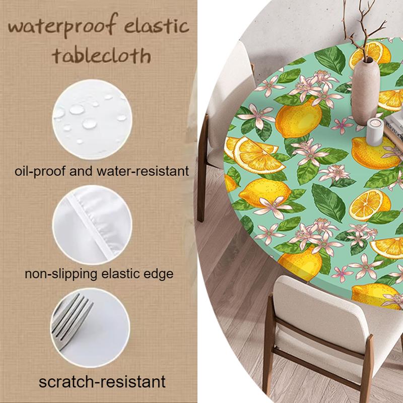 Plant Flower Patterns Round Tableclothes for Dining Table Fitted Table Protector Cover Elastic Edge Desk Decoration Waterproof