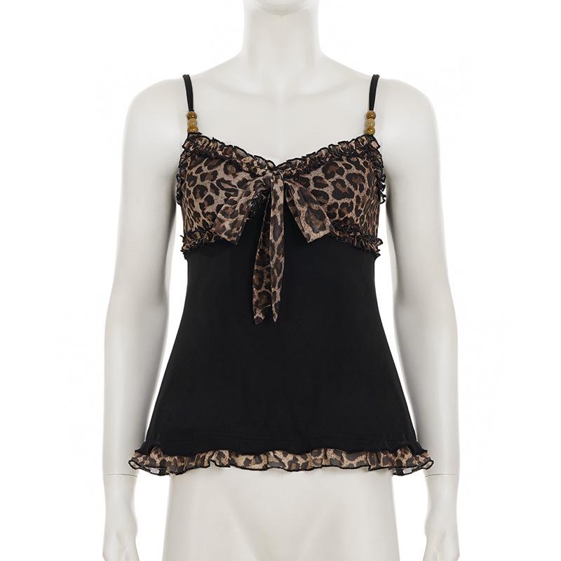 European & American Sexy Leopard Print Color Block A-Line Lace Tie-Up Camisole