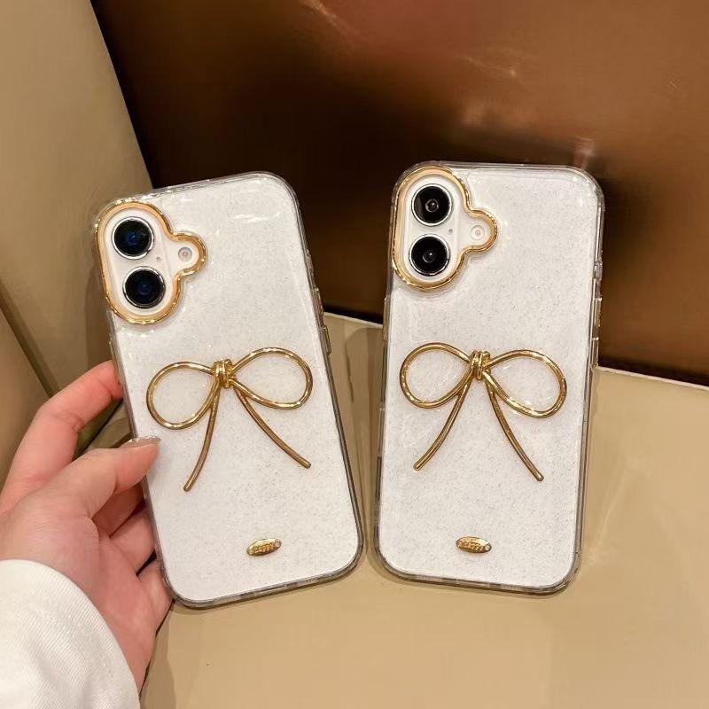 Small Fresh Women'S Simple Hollow Bow Mobile Phone Case Is Suitable For Iphone17Pro Transparent Epoxy Apple 16.