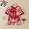 ZANZEA Women Bow Collar Casual Short Sleeve Plaid Print Blouse