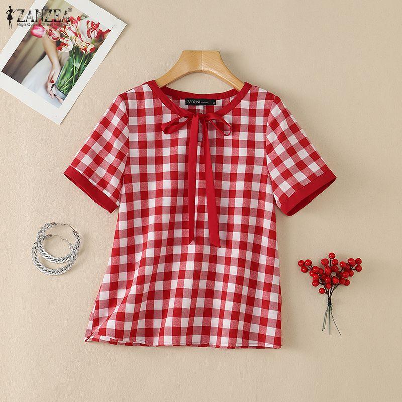 ZANZEA Women Bow Collar Casual Short Sleeve Plaid Print Blouse