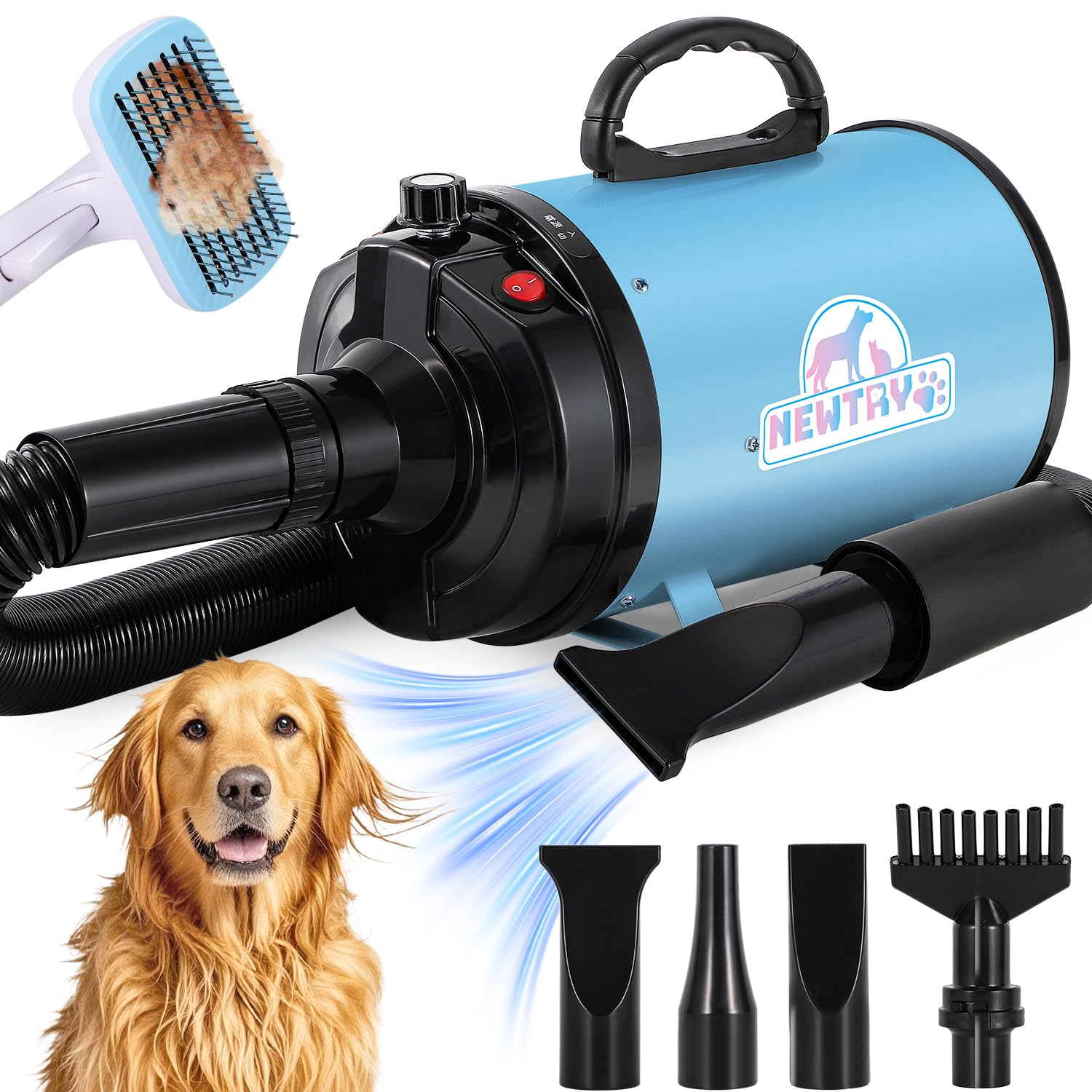

NEWTRY Pet Dryer for with Stepless Speed 3 and Adjustable Airflow and High Low 100V Dogs, Blower, Control, Nozzles, Brush, Temperature, Airflow, синий