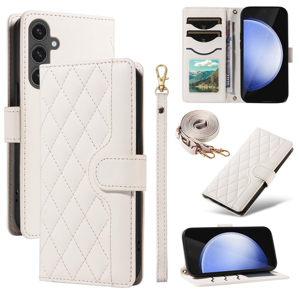 For Samsung Galaxy S24 FE Case Wallet Rhombus Leather Phone Cover with Shoulder Strap,Wrist Strap