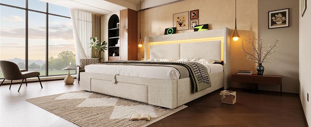 Upholstered bed 180x200 cm with hydraulic storage, headboard compartment, LED lighting, USB & USB-C port, wood slat frame, beige, linen, no mattress