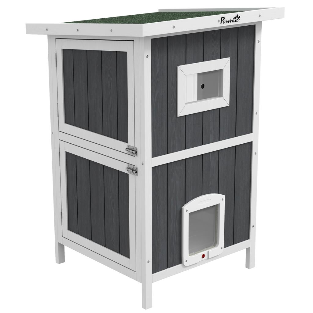 Outdoor Wooden Cat House On 2 Levels with Asphalt Roof and 4 Doors, 60x60x90.5cm, Grey