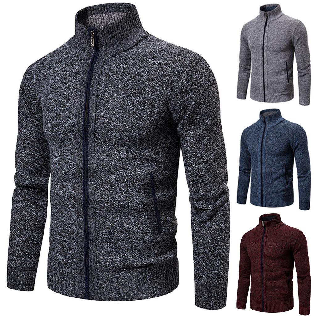 Men's Solid Colour Long Sleeve Casual Stand Up Collar Knitted Cardigan Coat