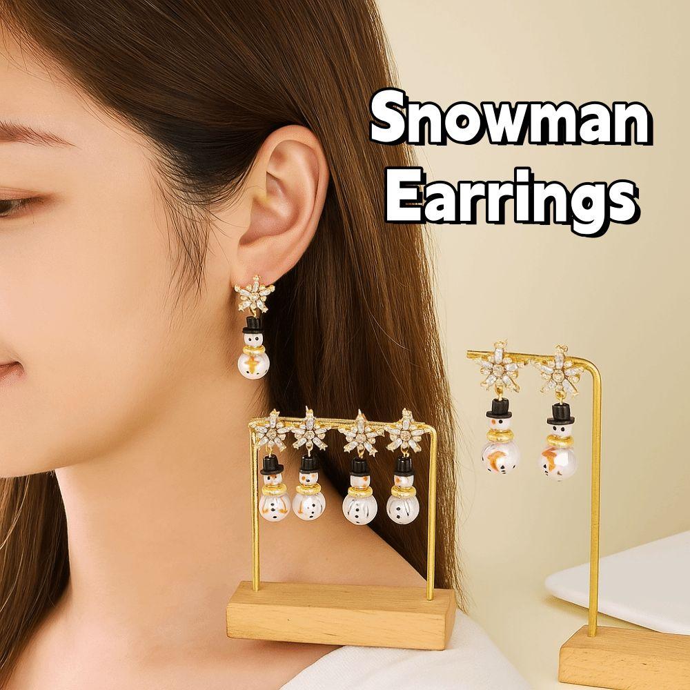 Imitation Pearl Snowman Earrings Rhinestone Xmas Dangle Earrings Christmas Earrings  Holiday
