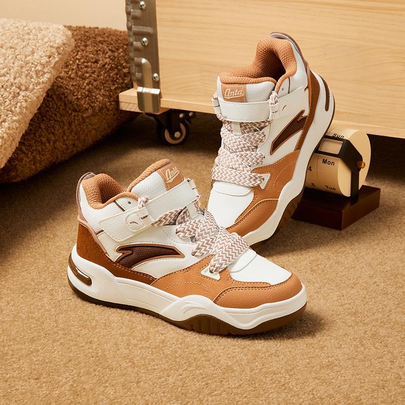 Anta Kids Synthetic Leather Fashion Versatile Lightweight Shock Absorbing High-Top Sneakers Kids Sneakers Ivory-White Lotus-Root-Brown A12448004-4