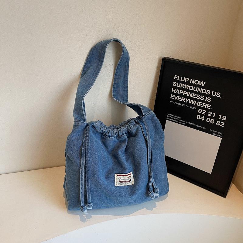 Geantă tip rucsac din denim cu șnur în stil coreean pentru studenți - Capacitate mare, Geantă de umăr casual de primăvară