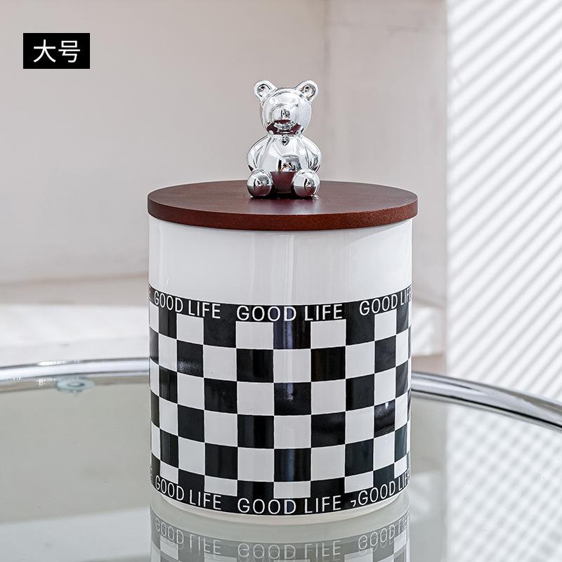 Black and White Grid Ceramic Storage Jar, Sealed Jar with Wooden Lid, Food Storage Container, Candy Jar, Kitchen Supplies