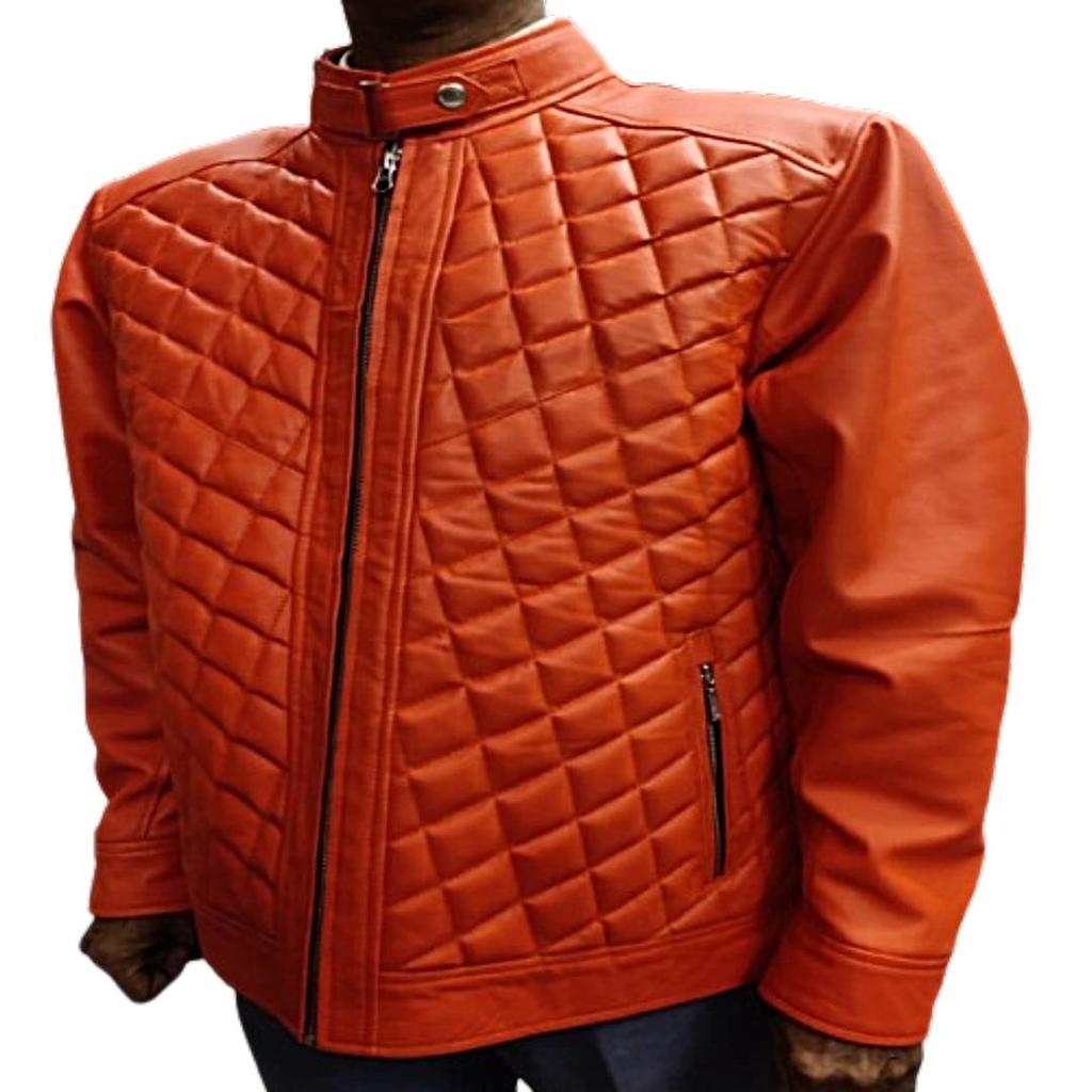 Orangefarbenes echtes LAmbskin-Leder für Herren, handgefertigte Bikerjacke, schmale Passform, Motorrad, gesteppter Stil, echte Lederjacke, CAfe Racer-Jacke, Geschenk für IHN