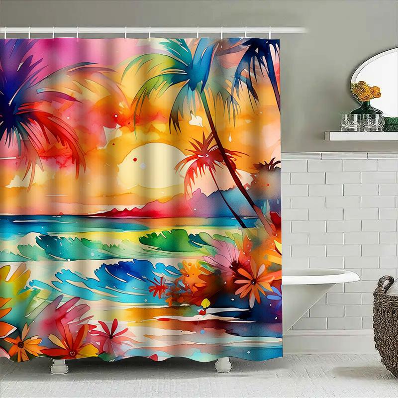 Sunset Palm Tree Beach Shower Curtain Modern Coastal Design For Bathroom Decorations