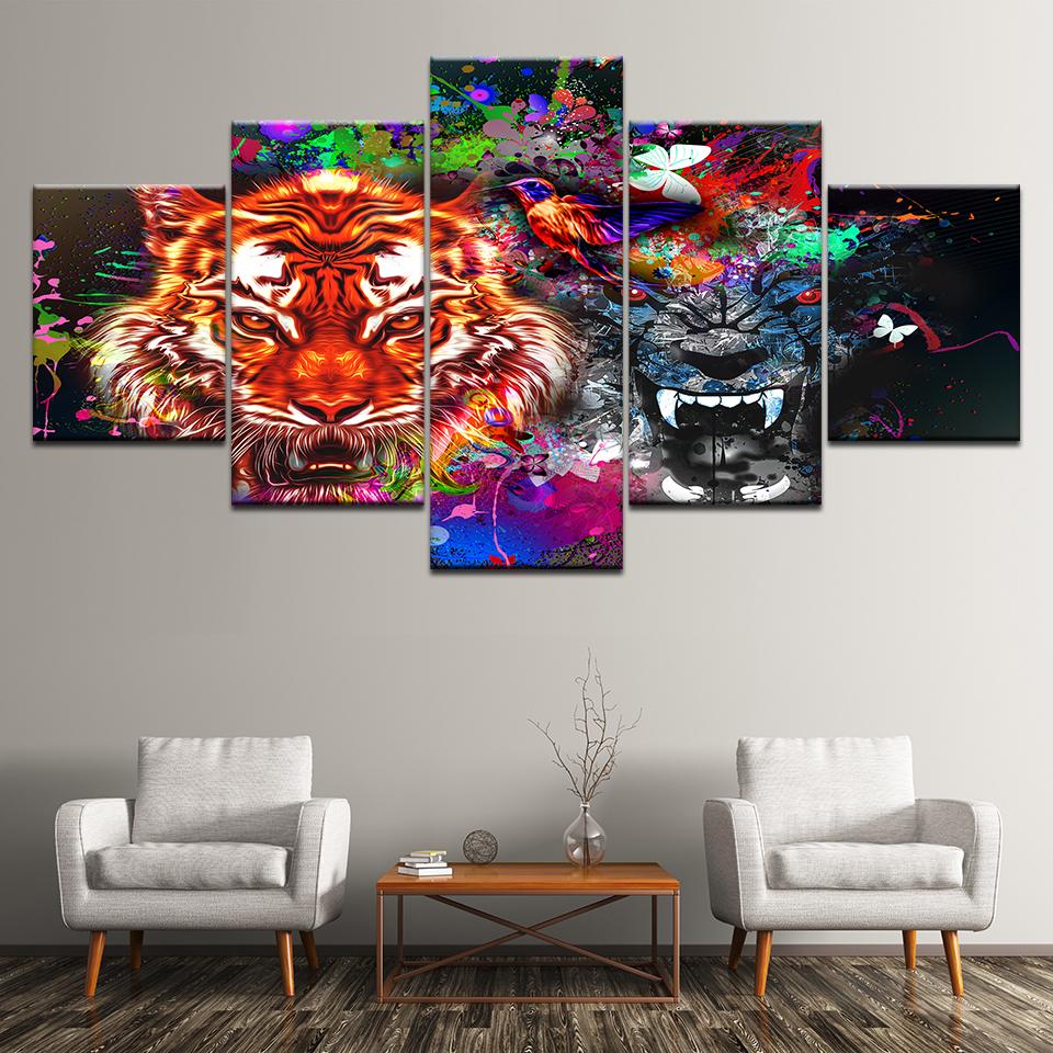 Canvas Painting Tiger and Panther with Splashes 5 Pieces Wall Art Painting Modular Wallpapers Poster Print Home Decor