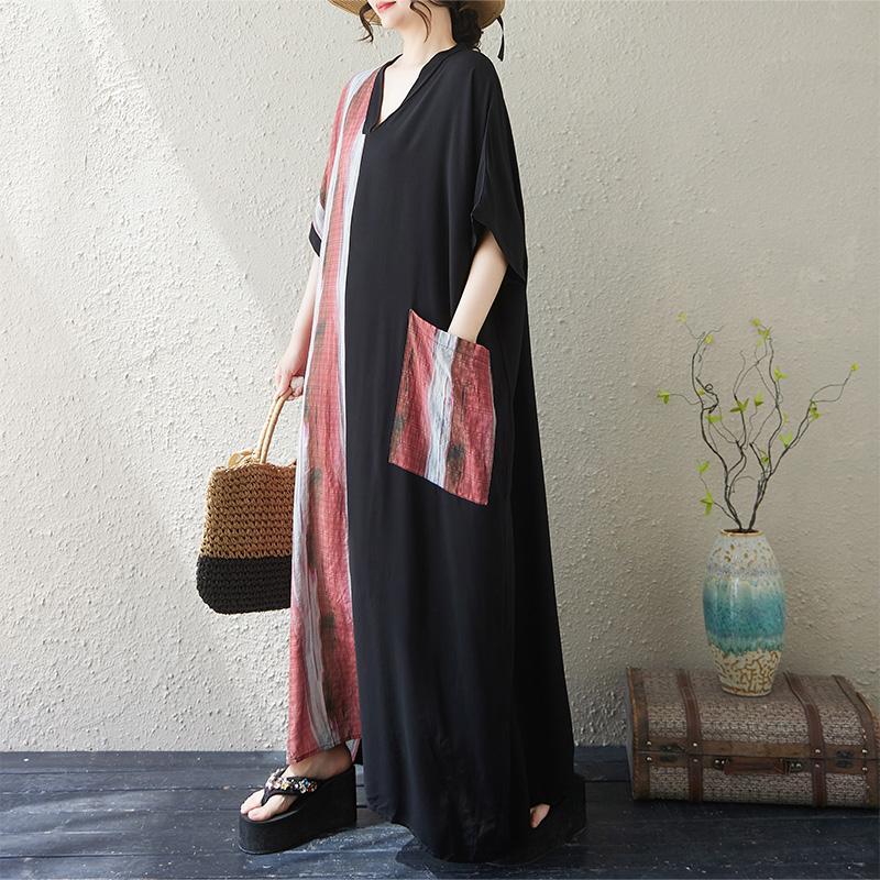 DIMANAF 2025 Summer Women Plus Size Dress Basic Casual Dress Loose Vintage Printing Long Beach Short Sleeve Dress