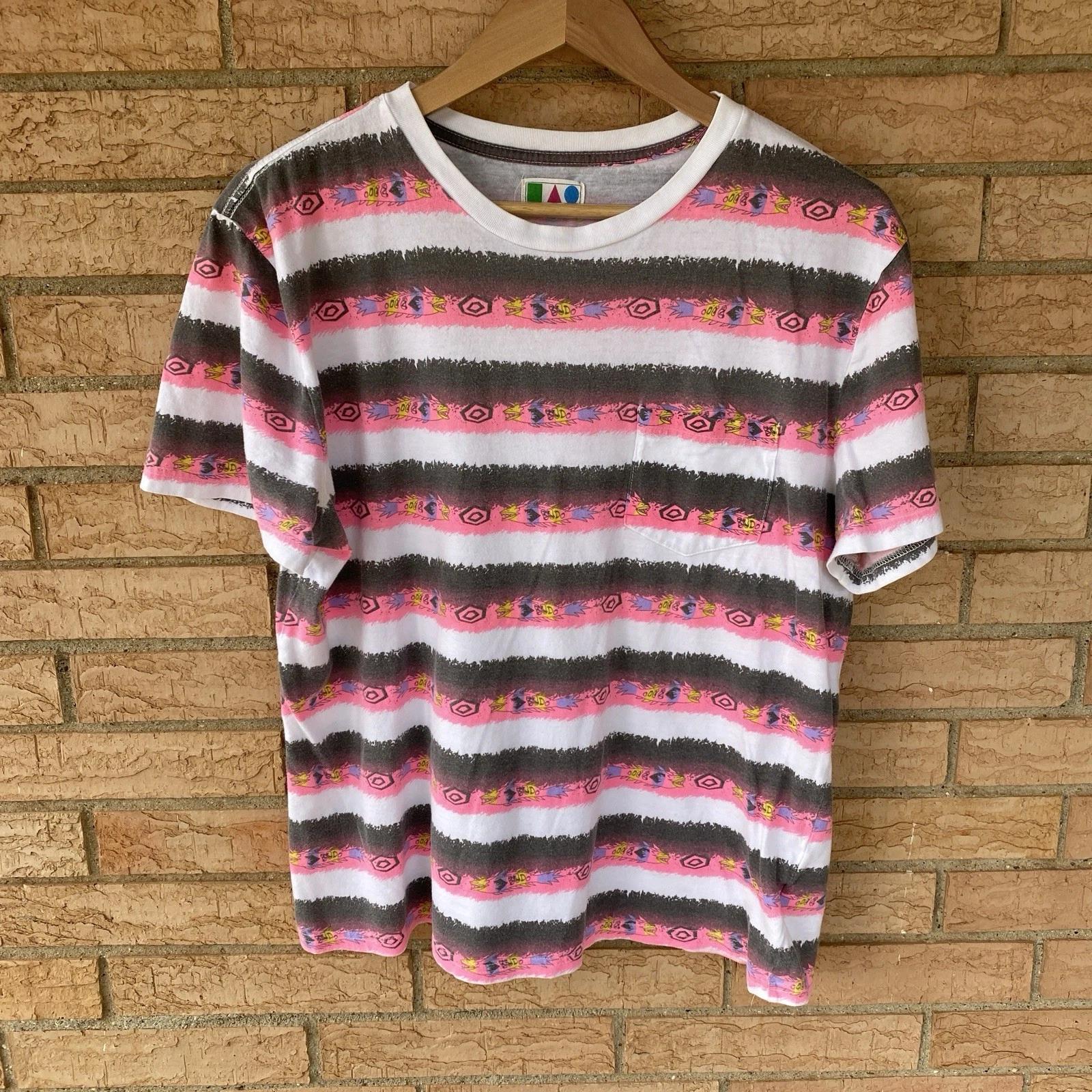 

Tropicalia neon pink gray striped pocket t-shirt slim Large Piranha doodle print XL