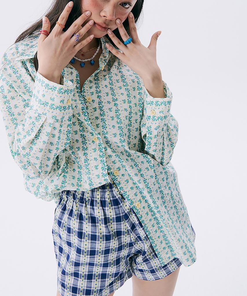 JUNEJUNE SPACE Floral Check Banding Shorts_Navy