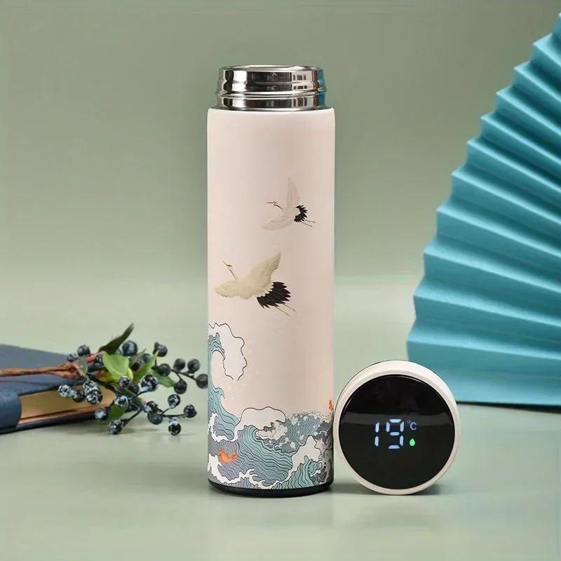 Retro Smart Temperature Display Insulated Cup, Chinese Style Thermal Water Bottle, Stainless Steel Water Cup