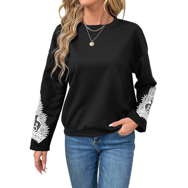 2025 Autumn Black Lace Patchwork Long Sleeve Casual Round Neck Hoodie for Women