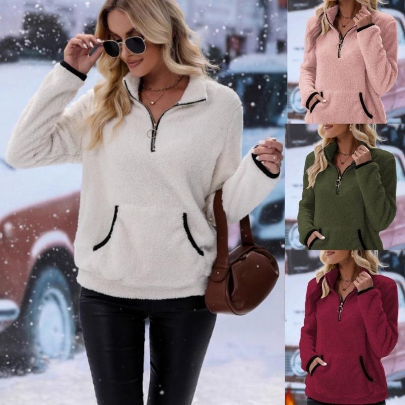Women Half Zip Pocket Plush Hoodie Autumn Winter