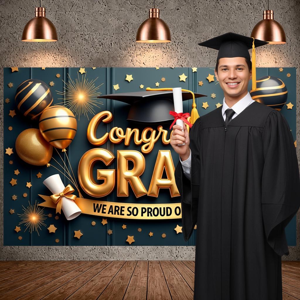 Congrats Grad Banner Diploma Decoration Grad Photo Backdrop Graduation Display Star Pattern Graduation Decor Banner For Grad