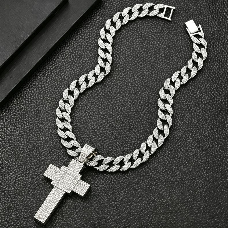 Hip Hop Style Alloy Full Diamond Cross Pendant, European and American Trendy Men's Personalized Necklace Accessories