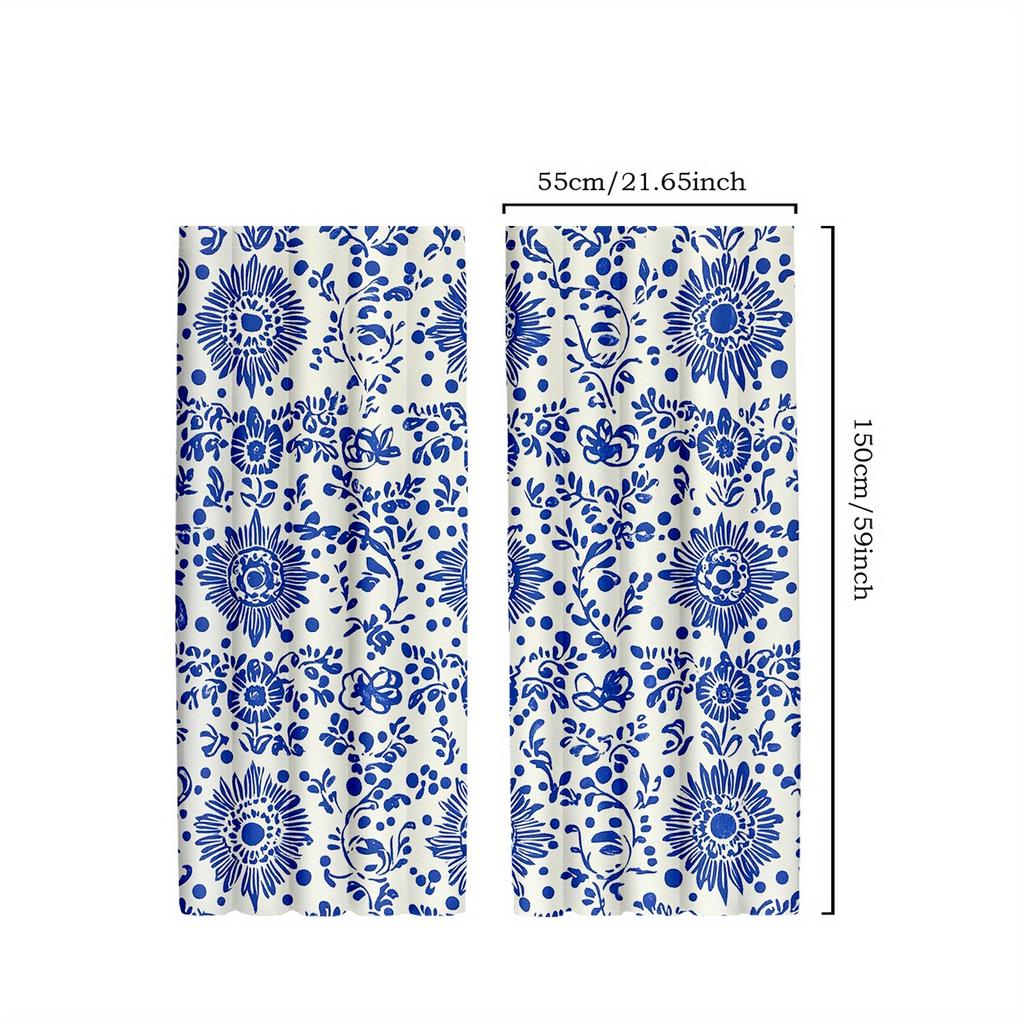 2pcs Traditional Mexican Floral Talavera Curtains   Polyester Semi-Sheer Panels   Machine Washable   Rod Pocket Hanging   Woven Fabr