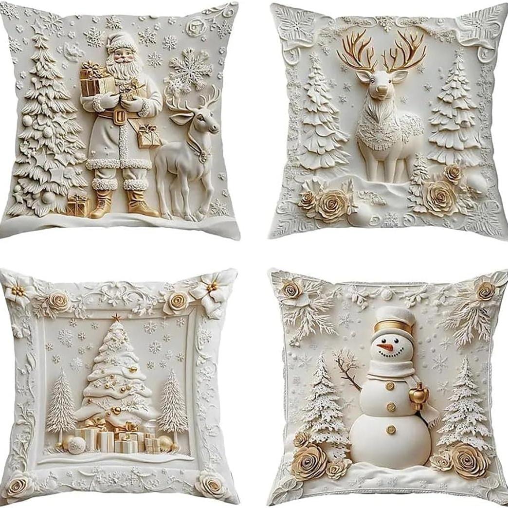 

4 шт. Мягкие рождественские наволочки Роскошные бархатные наволочки с 3D-печатью Праздничный декор для гостиной дивана спальни Машинная стирка A-1 Set