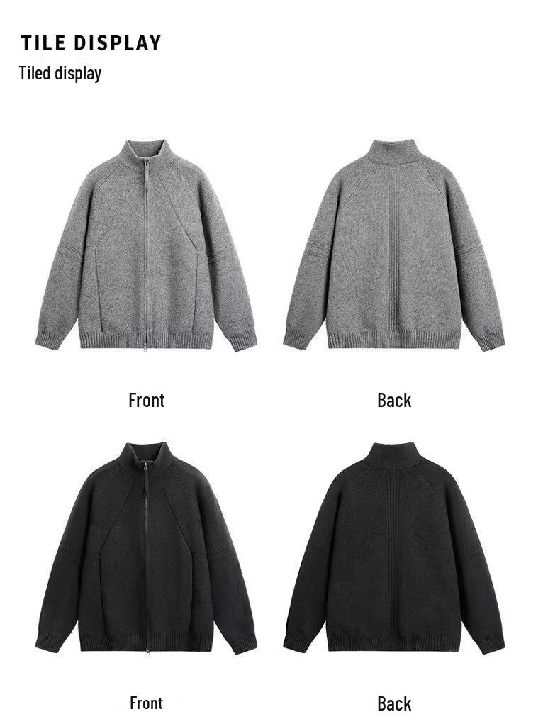 Men's Korean Style Double Zipper Knit Cardigan - Autumn/Winter Long Sleeve Casual Stand Collar Sweater